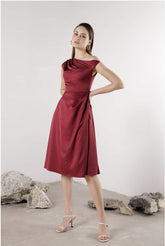 Silk midi dress with one-shoulder neckline and tailored waist for refined evening elegance